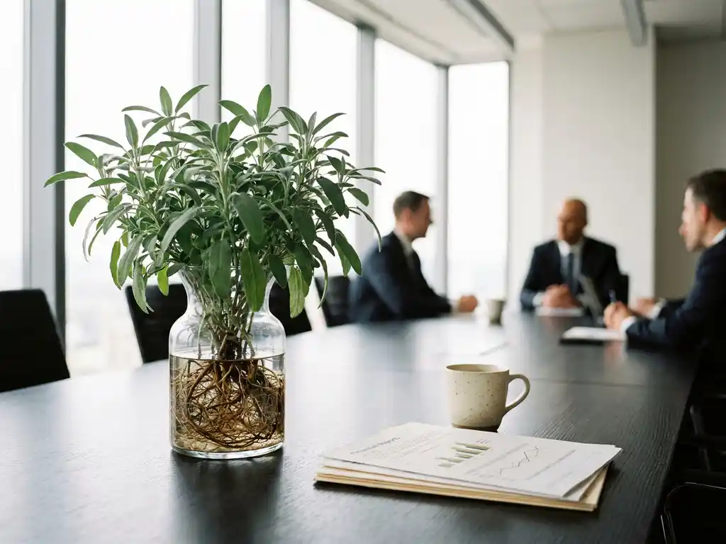 Thriving green plant with visible roots in a glass vessel on a boardroom table beside financial documents and a coffee cup.