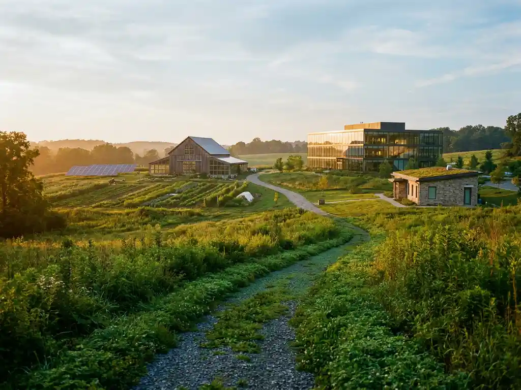 Sustainable farm, glass-walled office, and small clinic connected by a winding green path across golden-hour countryside.