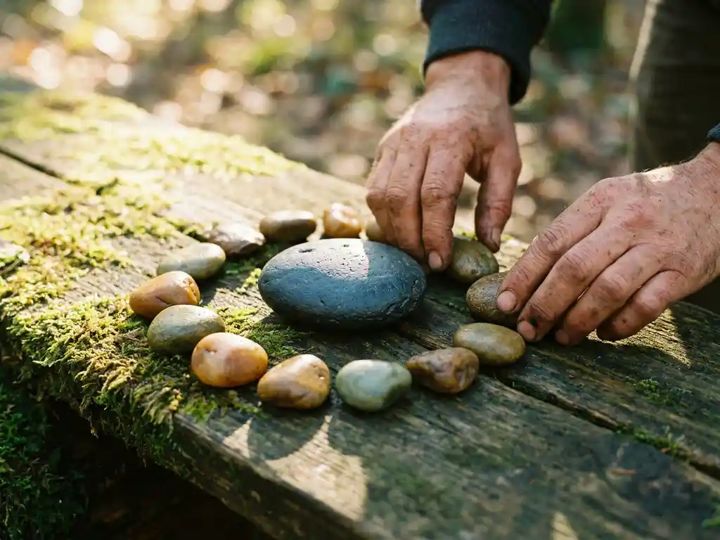 Weathered hands arranging smooth river stones in an arc on moss-covered wood, largest stone centered, in warm morning light.