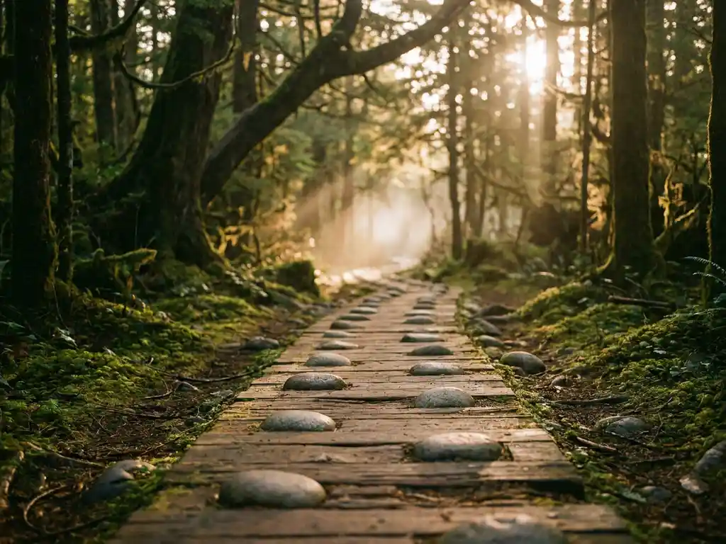 Weathered wooden trail winding through misty green forest at sunrise, with river stones marking intervals along the path toward a golden horizon.