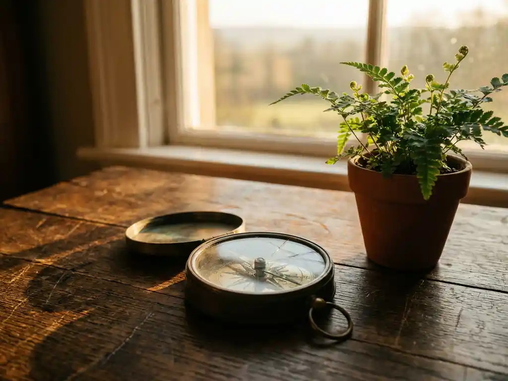 Ancient compass open on weathered oak table, needle pointing toward glowing horizon at sunrise, small green plant beside it in warm amber morning light.