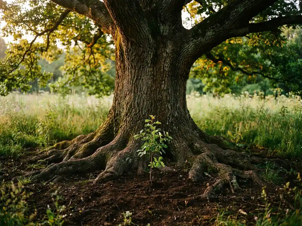 Ancient oak tree with sprawling roots in dark soil, small sapling planted at its base, golden morning light filtering through wide canopy over lush meadow.