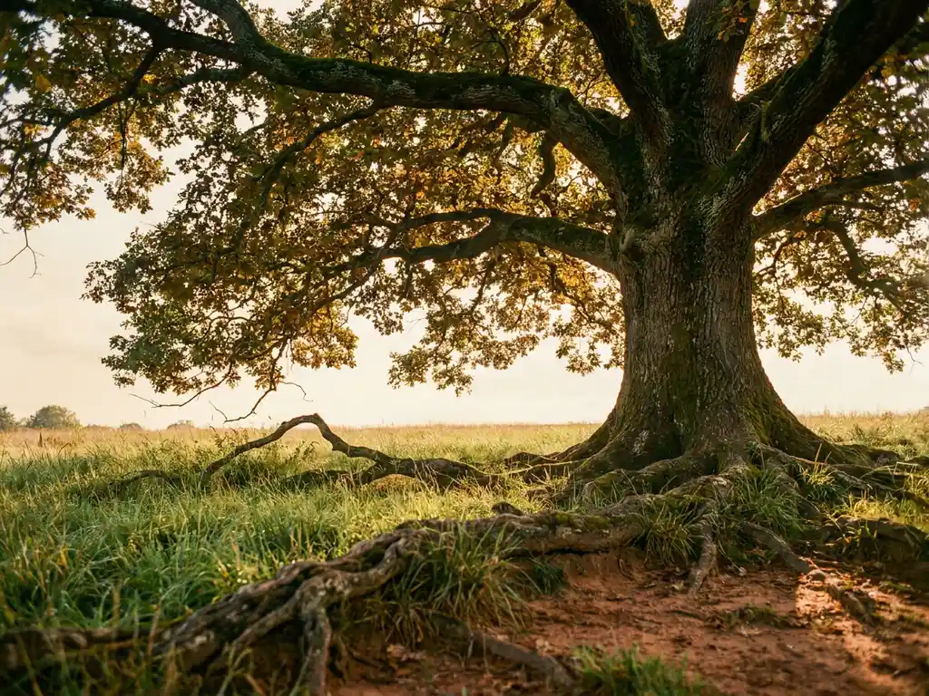Ancient oak tree with wide-spreading roots in an open field, golden afternoon light filtering through amber and green canopy, low-angle view.