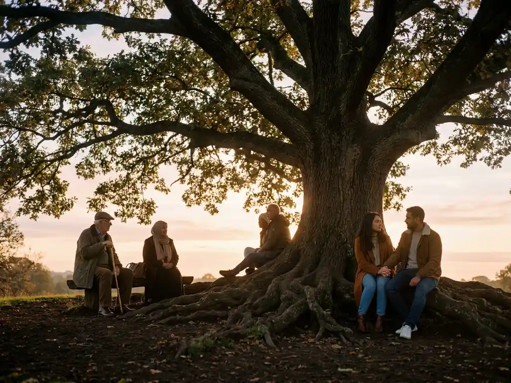 Ancient oak tree with sprawling roots and wide canopy, diverse group gathered beneath in golden morning light filtering through leaves.