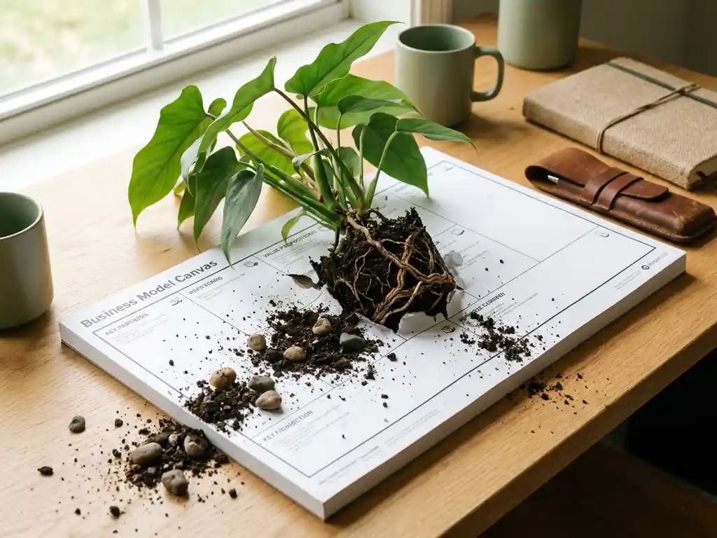 Healthy green plant with exposed roots growing through a business model canvas on a light oak desk, dark soil and small stones scattered across the document.
