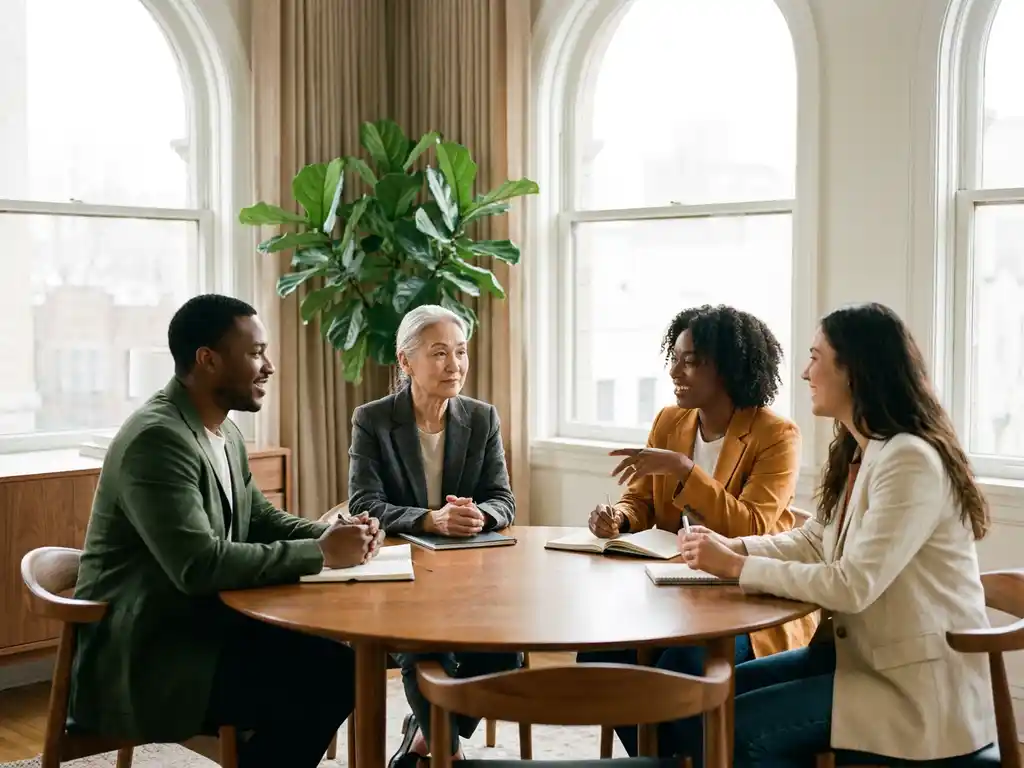 Calm leader in open discussion with engaged colleagues at a round wooden table, warm morning light, premium consultancy setting.