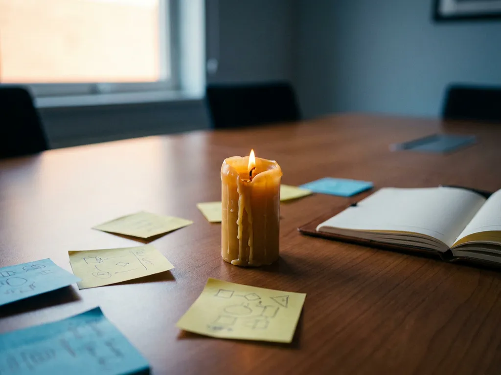 Half-burned candle with shrinking flame on a conference table surrounded by sticky notes and an open notebook, warm amber light fading to shadow.