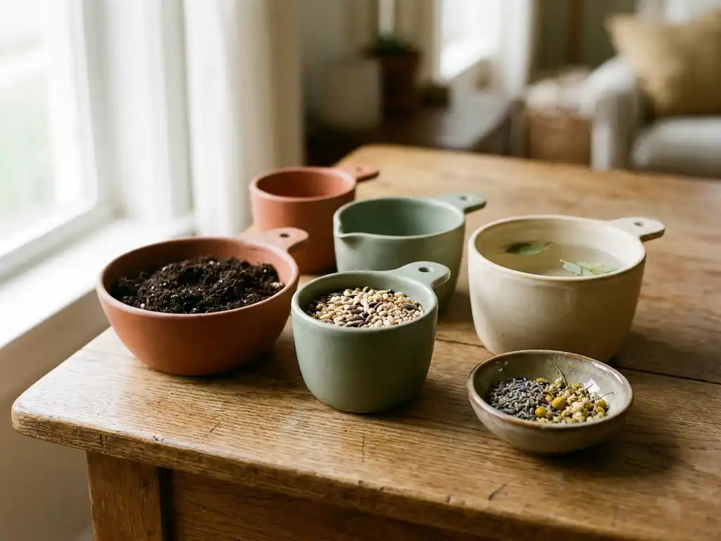 Handcrafted ceramic measuring vessels filled with soil, seeds, water, and dried flowers arranged on an oak table in soft morning light.