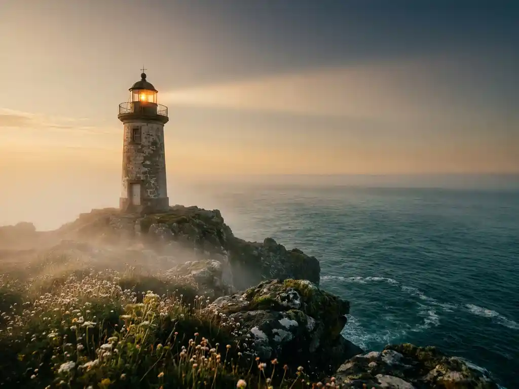 Weathered lighthouse on rocky coastal cliff with amber beam piercing morning mist, wildflowers in stone cracks, teal ocean horizon.