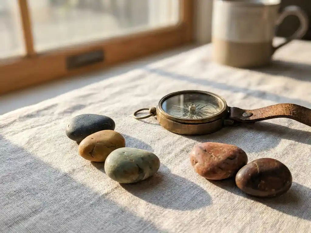Brass compass beside five smooth earthy stones in an arc on a white linen desk, bathed in soft morning light.