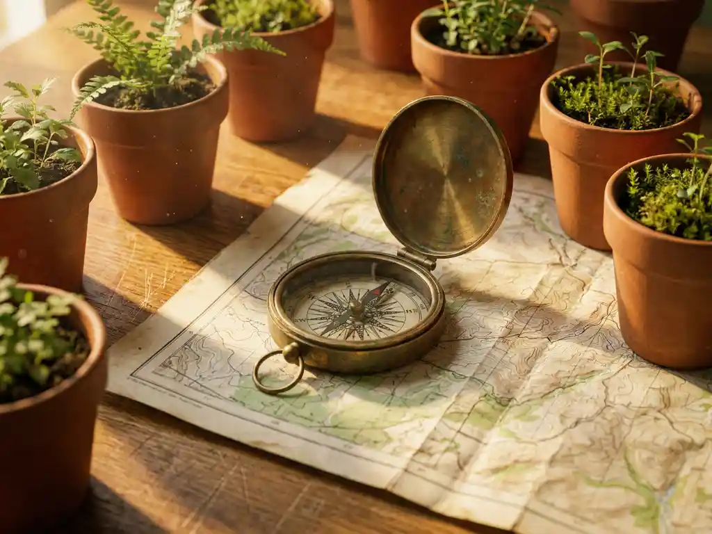 Weathered compass on a topographic map surrounded by green seedlings in terracotta pots, bathed in warm golden-hour light.