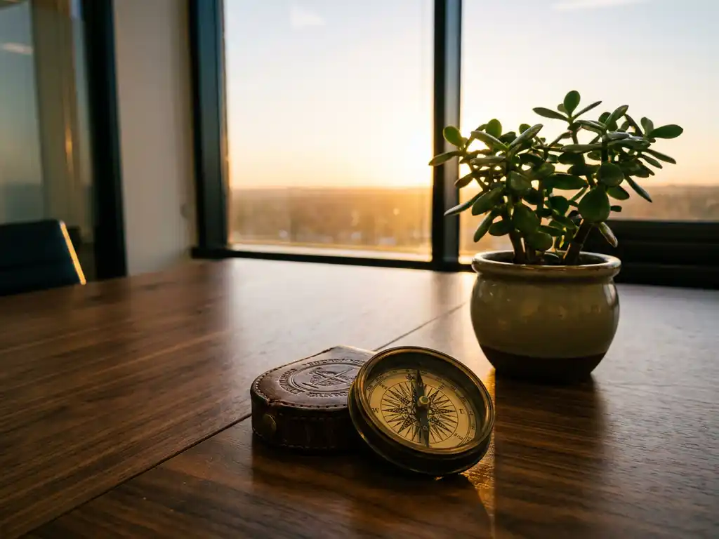 Brass compass on a wooden boardroom table pointing toward a glowing horizon, beside a small green plant in warm golden afternoon light.