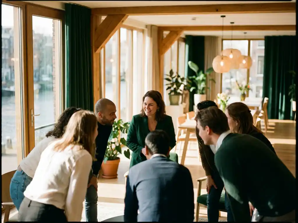 Confident leader engaging colleagues in a circle within a sunlit modern Amsterdam office with floor-to-ceiling windows and warm amber light.
