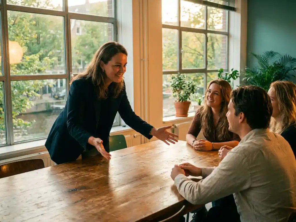 Confident leader leaning forward at a sunlit conference table, engaging a small team in a modern Amsterdam office with teal and amber tones.