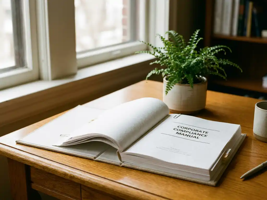 Open corporate compliance document on an oak desk beside a small green plant, bathed in soft natural window light.
