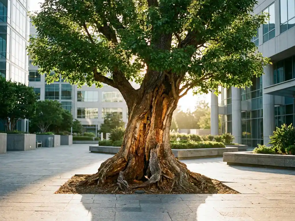 Green tree with lush canopy but decaying, split roots in a sunlit corporate courtyard, symbolizing hidden organizational decline.