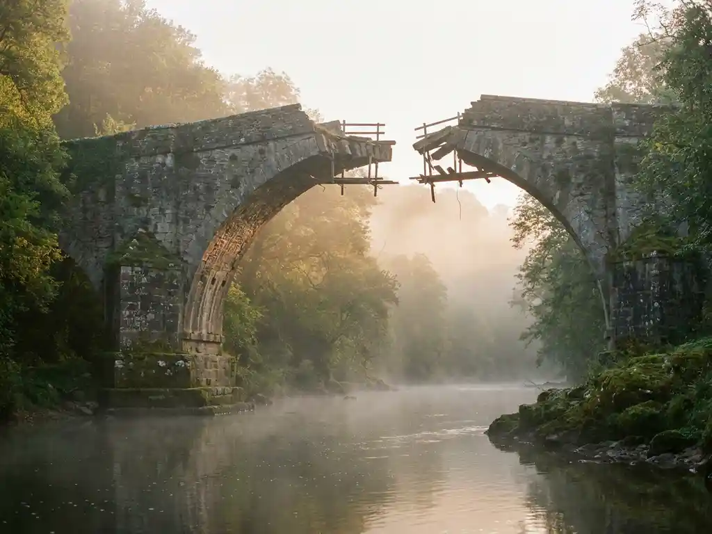 Crumbling stone bridge with fractured arch suspended over calm river in misty green valley at dawn.