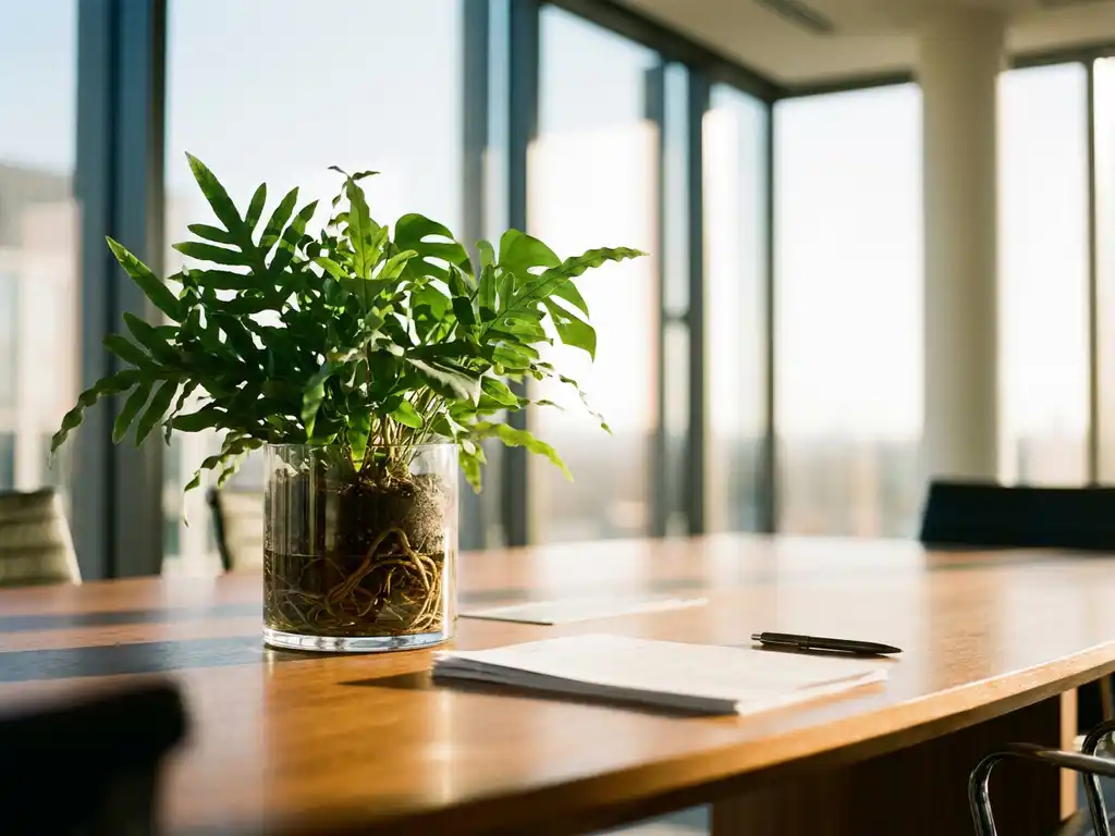 Thriving green plant with visible roots in a glass vessel on a conference table beside white documents and a pen, bathed in warm morning light.