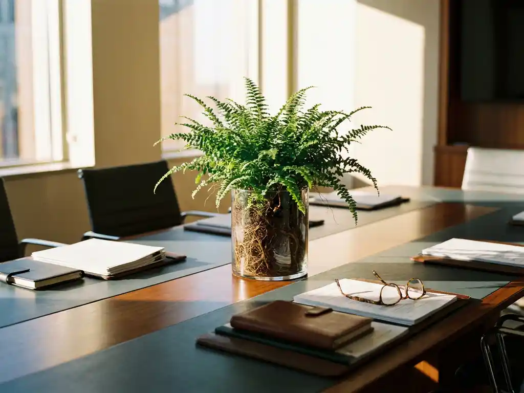 Thriving green plant with visible roots in a glass pot on a boardroom table, surrounded by documents and reading glasses in warm afternoon light.