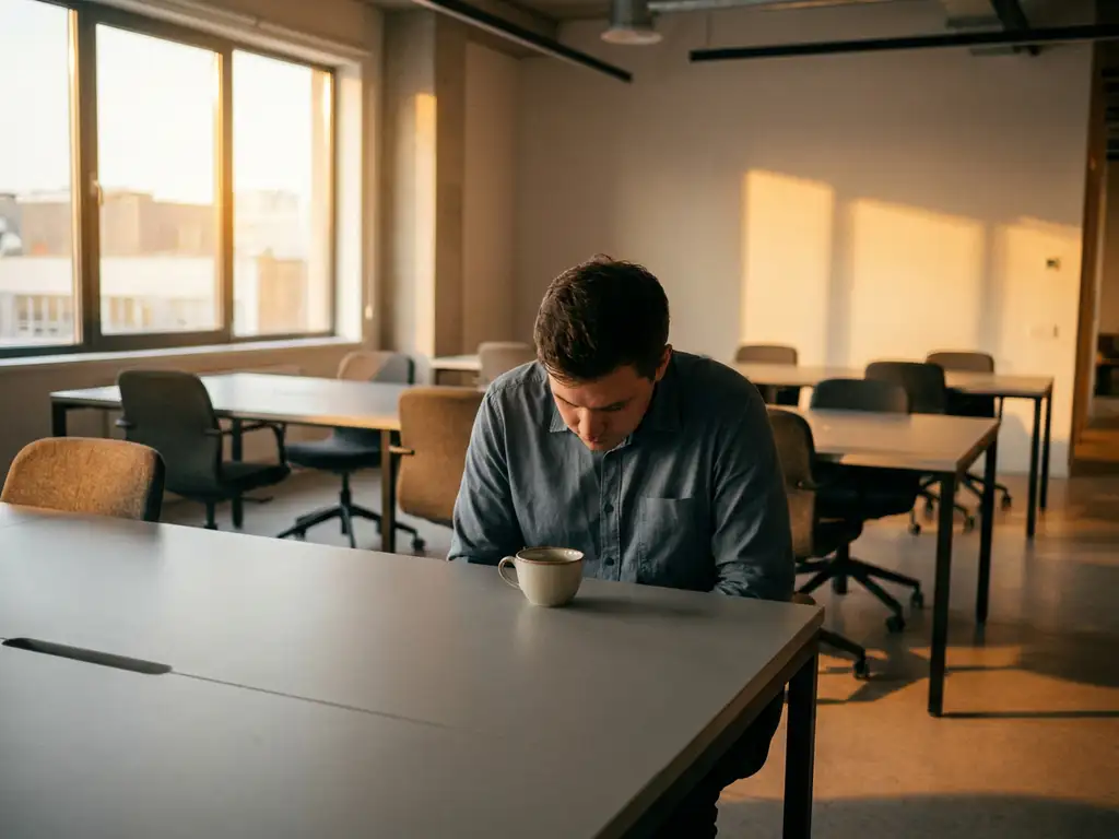 Disengaged employee sitting alone at a modern desk, shoulders slumped over untouched coffee, empty collaborative workspace visible in warm golden light behind them.
