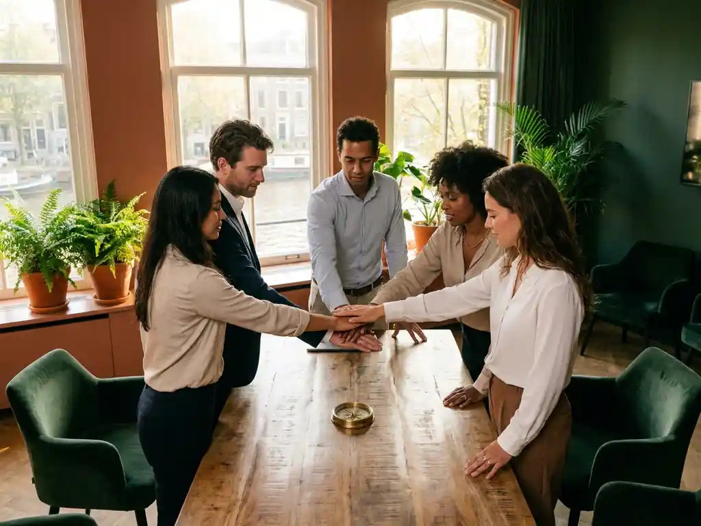 Diverse colleagues placing hands on a shared compass at a wooden table in a sunlit Amsterdam office with terracotta and green tones.