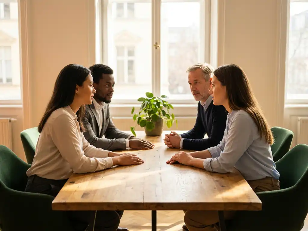 Diverse colleagues in quiet discussion around a sunlit oak table with a green plant centerpiece in a modern European office.