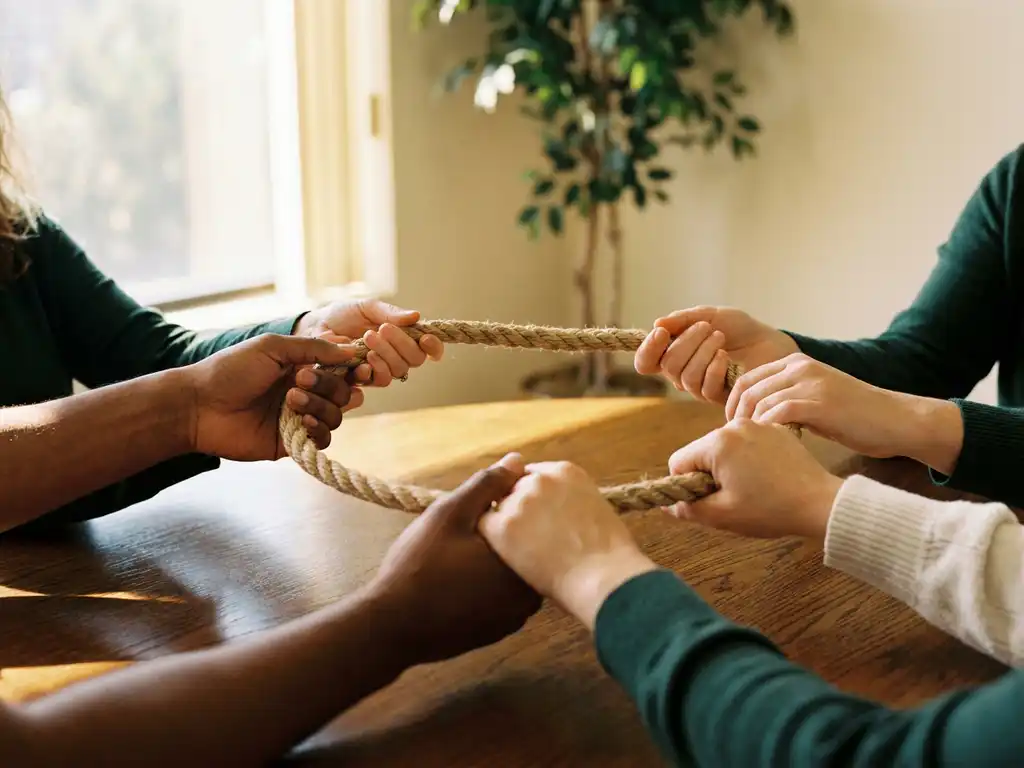 Diverse hands gripping a braided rope together over an oak conference table, symbolizing teamwork and unity in warm golden light.