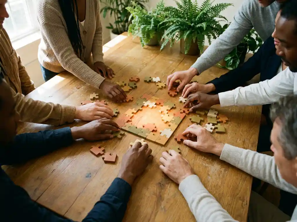 Diverse hands collaborating to assemble earthy-toned puzzle pieces on a wooden table, glowing amber center, overhead flat-lay view.