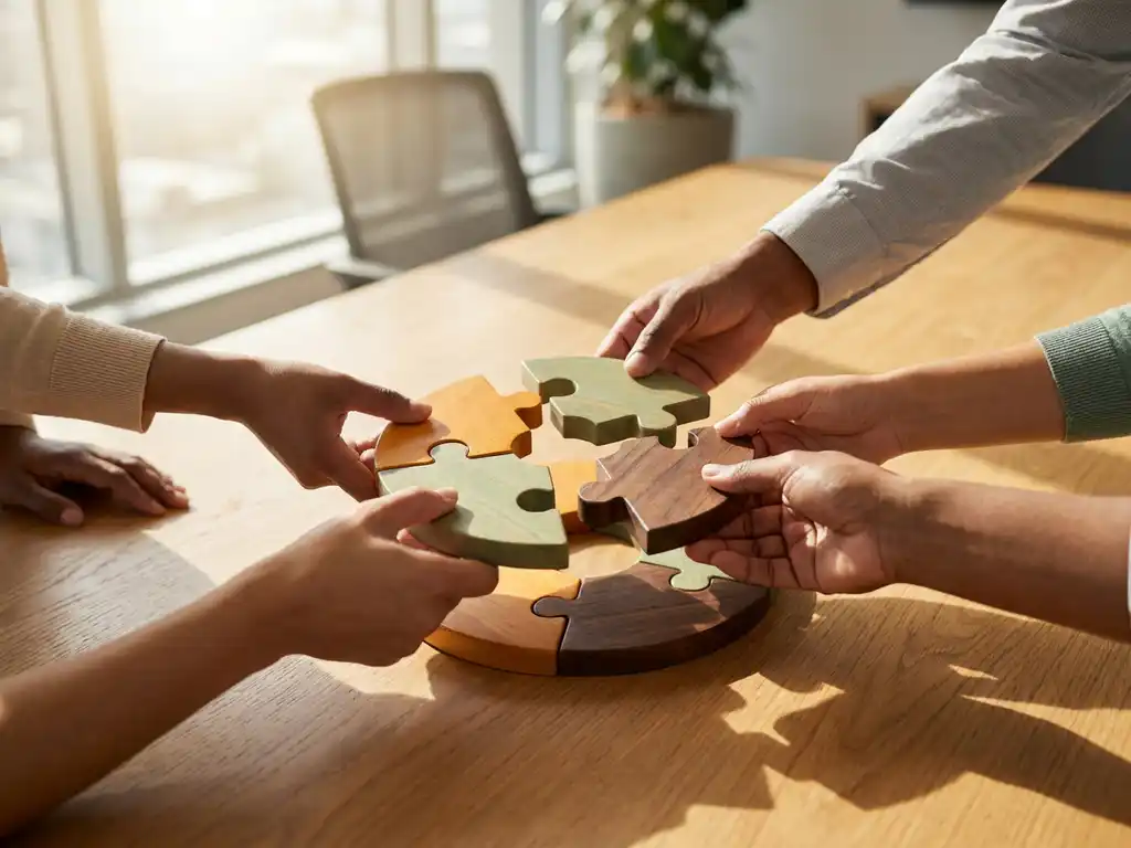Diverse hands assembling interlocking wooden puzzle pieces in amber, sage, and walnut tones on an oak boardroom table, symbolizing teamwork.