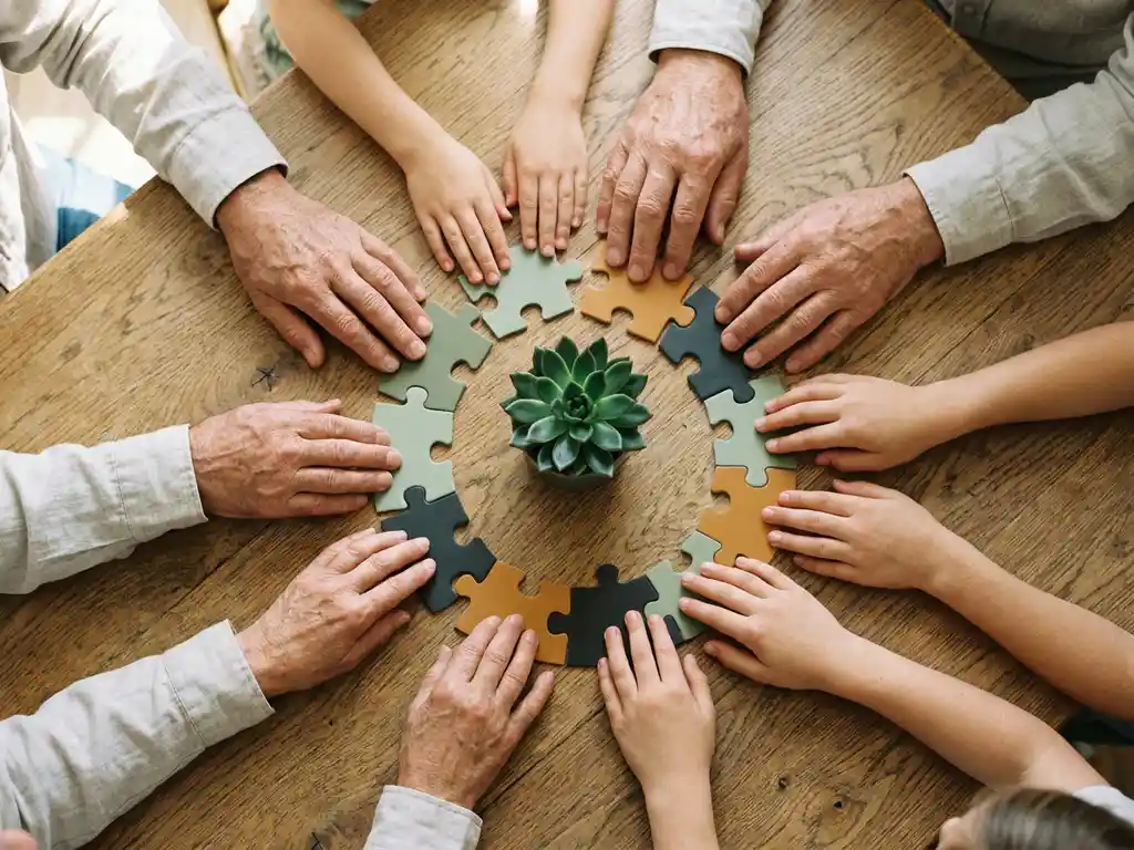 Diverse hands assembling a circular puzzle around a small thriving plant on an oak table, bathed in soft natural daylight.
