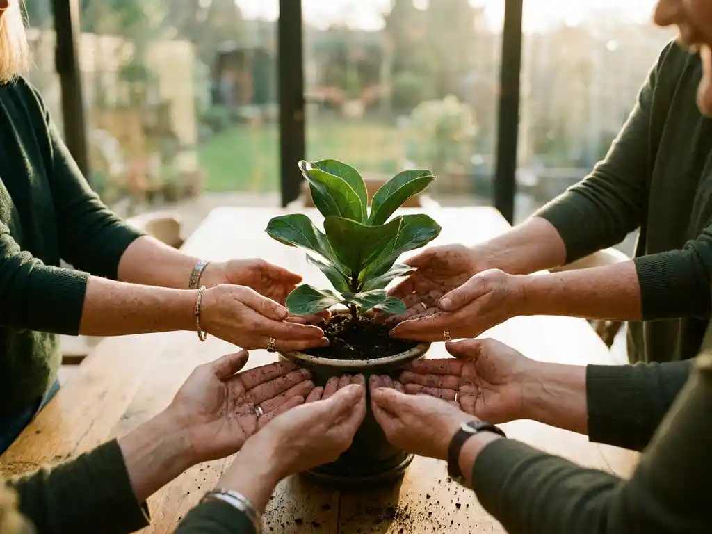 Diverse hands from multiple backgrounds tending a thriving plant in dark soil on a sunlit boardroom table, symbolizing collective care and growth.