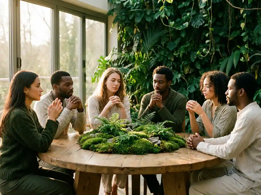 Six diverse leaders in engaged discussion around an oak table with a living moss centerpiece, bathed in warm morning light beside an indoor plant wall.