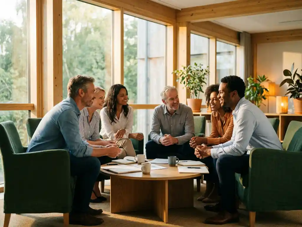 Diverse professionals in engaged discussion around a wooden table with notebooks and coffee cups in a sunlit modern meeting room.