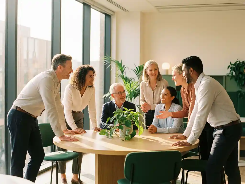 Diverse professionals gathered around a sunlit office table with a thriving plant at center, sharing warm eye contact and open body language.
