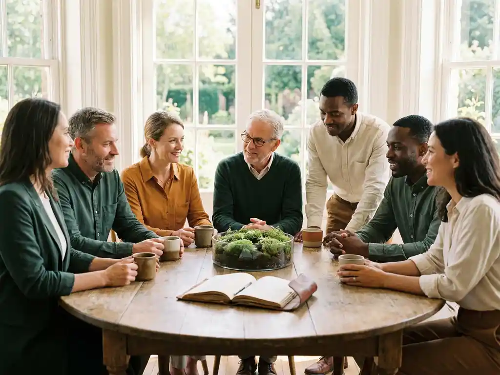 Diverse professionals in quiet conversation around a round oak table with a living moss centerpiece, ceramic coffee cups, and a shared journal in warm morning light.