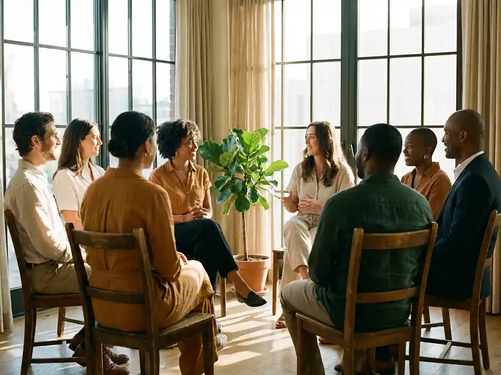Diverse professionals in a sunlit circle discussion around a green plant, warm morning light through floor-to-ceiling windows.