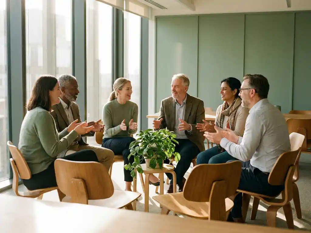 Diverse team seated in a sunlit circle around a green plant, engaged in conversation in a modern Dutch office with warm oak and sage tones.