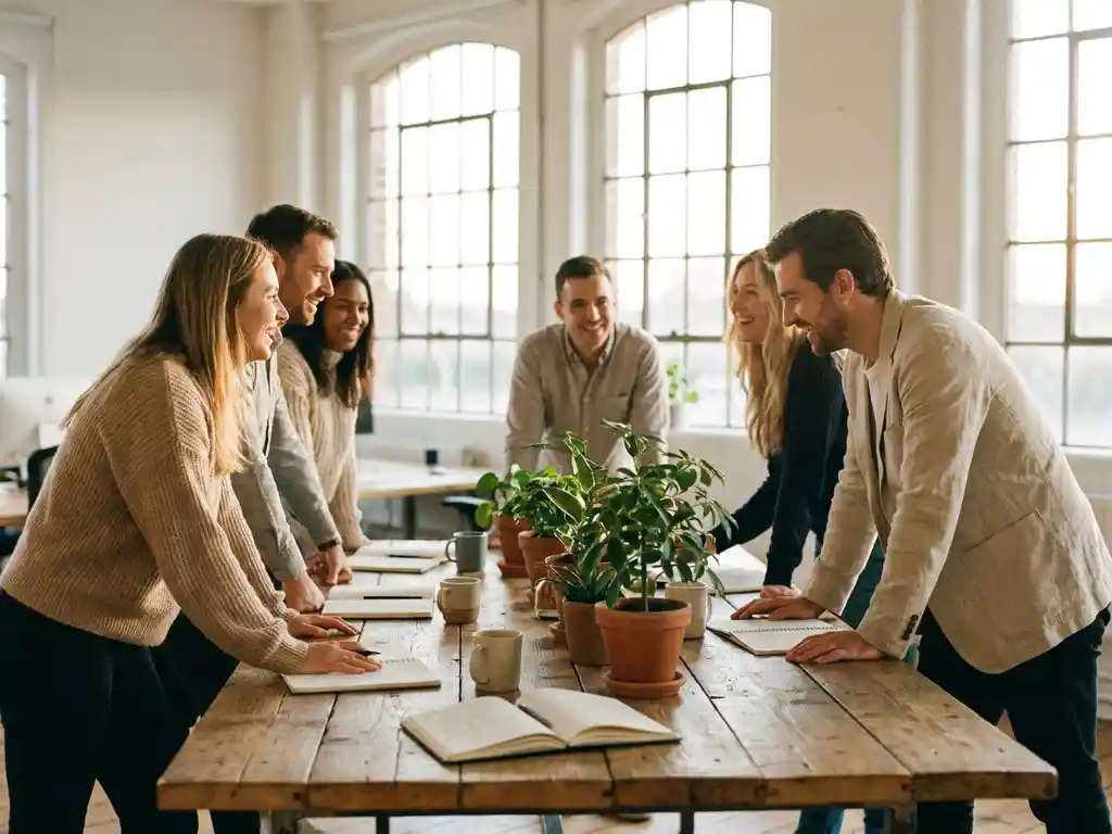 Diverse employees in genuine conversation around a wooden table in a sunlit, plant-filled modern office.