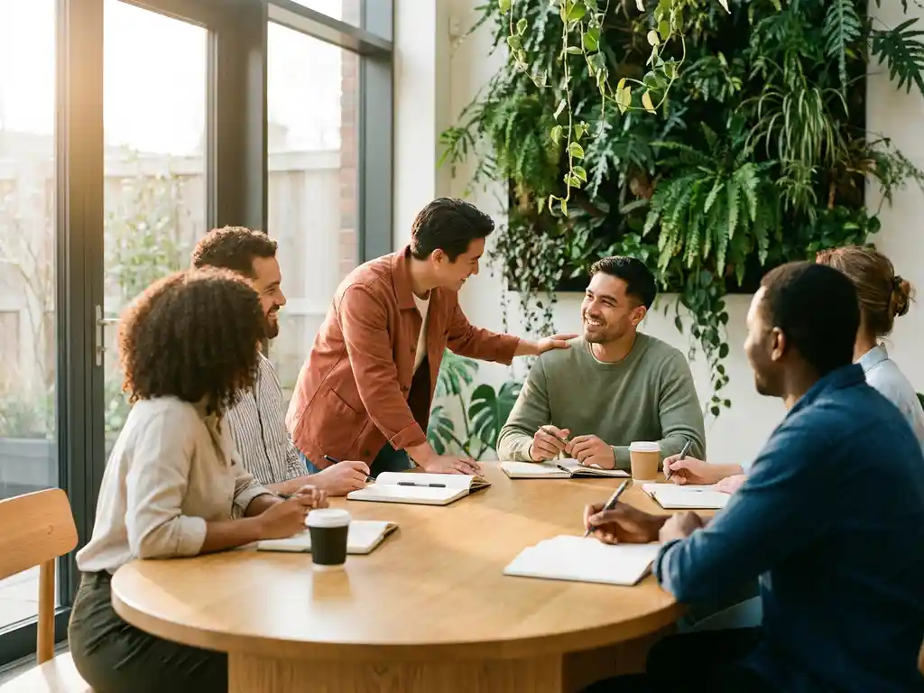 Diverse team collaborating around a sunlit oak table, sharing notes and eye contact, with a living plant wall and warm morning light in the background.