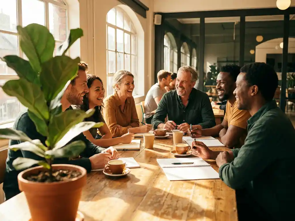 Diverse colleagues laughing around a sunlit wooden table with coffee cups and open notebooks, bathed in warm golden afternoon light.