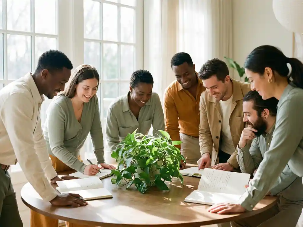 Diverse professionals collaborating around a sunlit wooden table with open notebooks and a potted plant centerpiece.