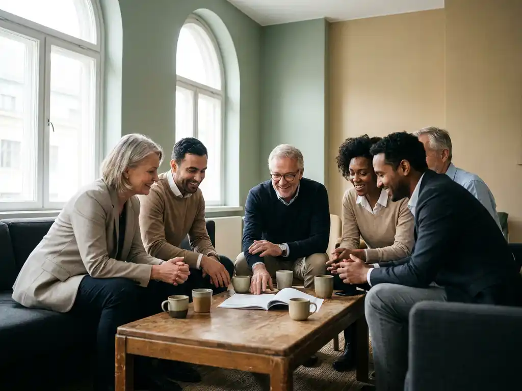 Diverse professionals in a close circular discussion around a wooden table with shared documents and coffee cups in a sunlit office.