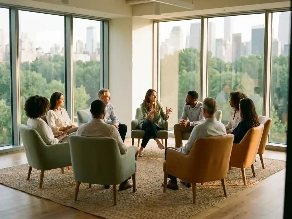 Diverse professionals in open-circle discussion inside a glass conference room with floor-to-ceiling windows and green cityscape views.