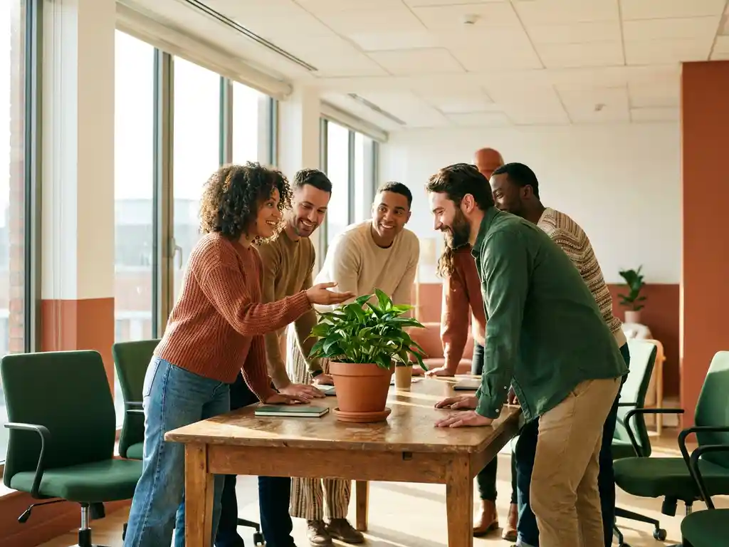 Diverse team collaborating around a sunlit conference table, one member gesturing toward a flourishing potted plant symbolizing organic growth.