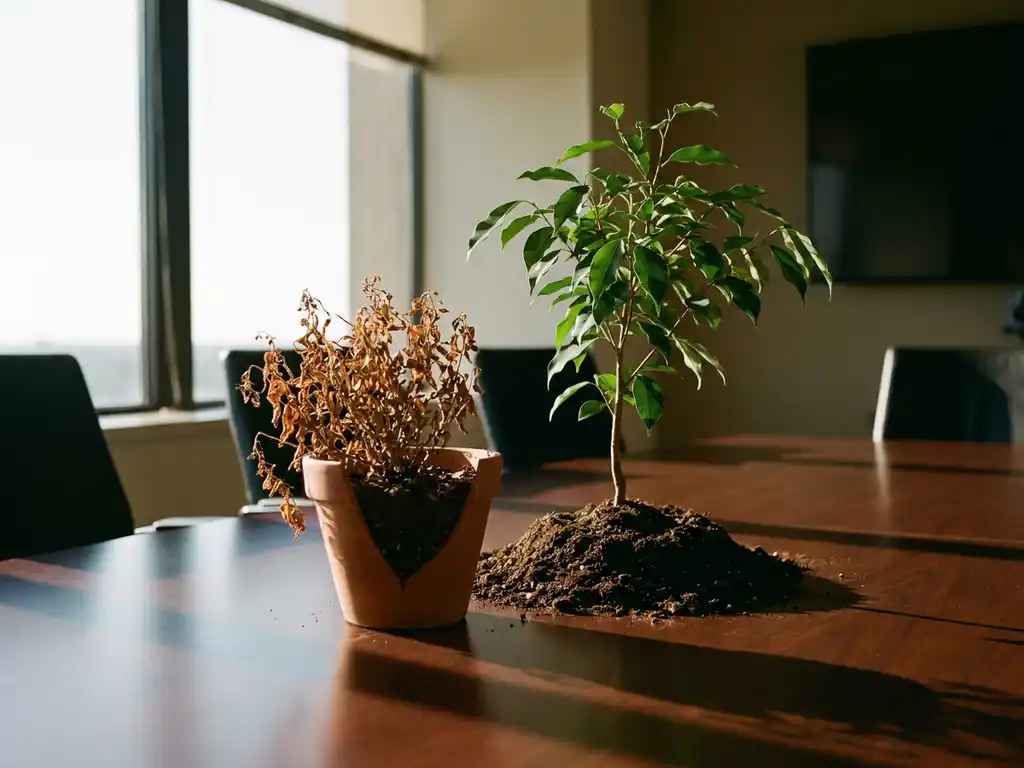 Withered plant in cracked terracotta pot beside a thriving sapling in dark soil on a boardroom table, natural light casting long shadows.
