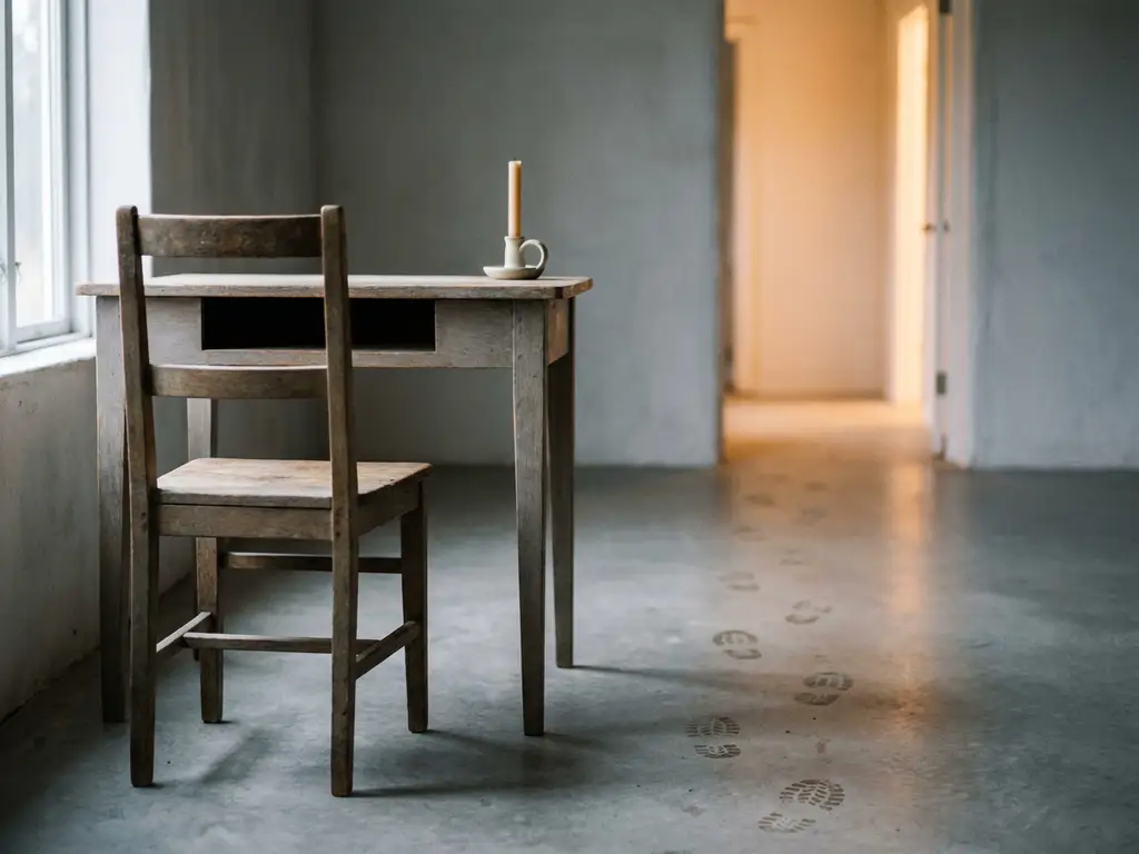 Empty wooden chair at a minimalist desk beside an unlit candle, with footprints trailing toward a warmly lit open doorway.