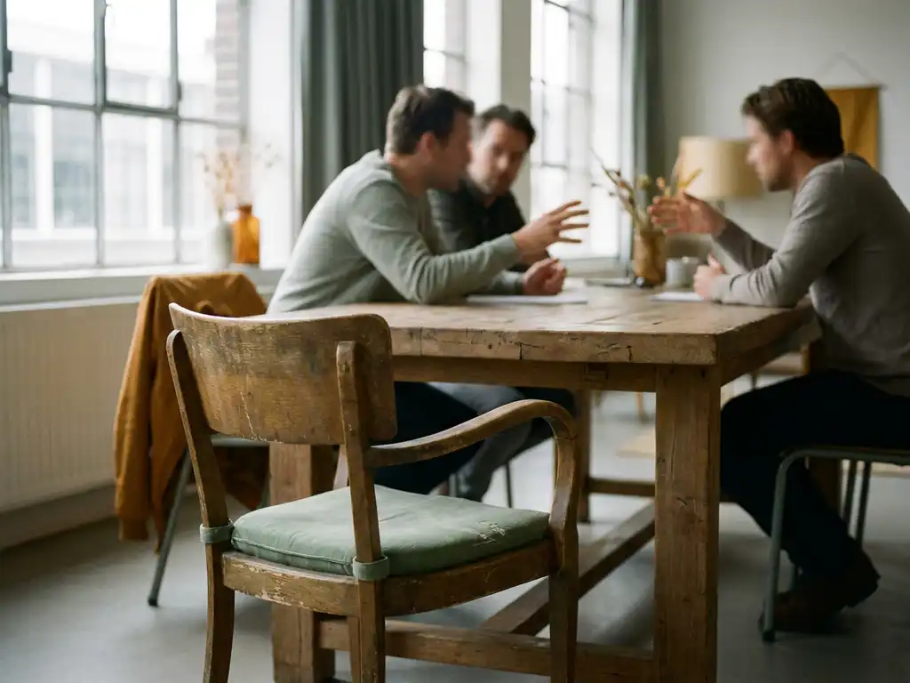 Empty chair pulled from a wooden meeting table while colleagues lean in during a collaborative office discussion.