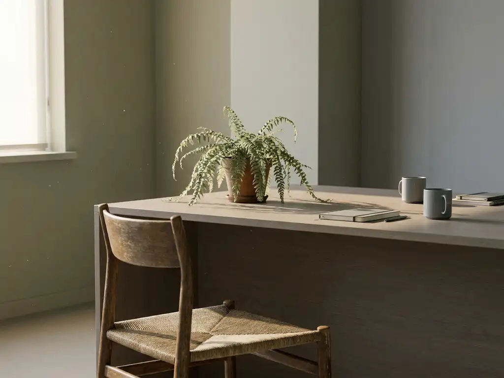 Empty wooden chair at a minimalist desk beside a wilting plant, soft side light casting long shadows in sage green and taupe tones.
