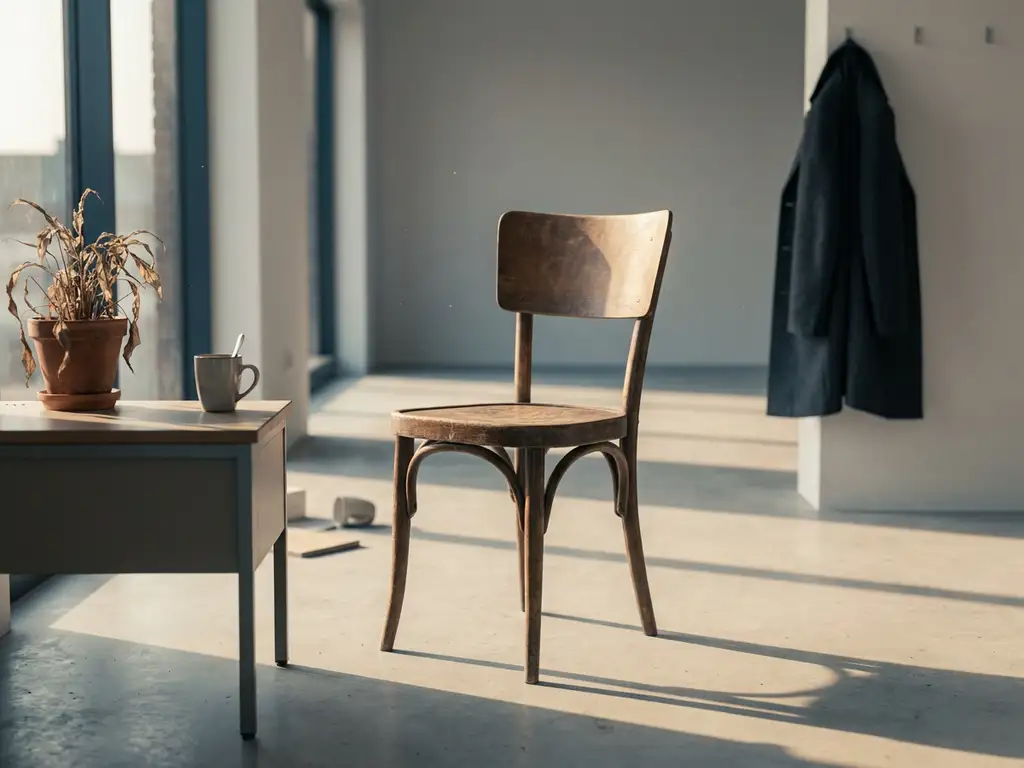 Empty wooden chair in a minimalist office with abandoned coffee mug, wilting plant, and coat, bathed in warm afternoon light.