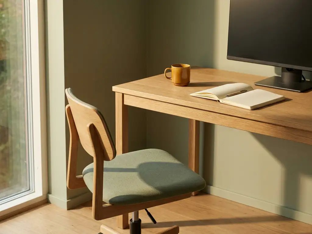 Empty office chair pushed back from a Scandinavian-style desk with an open notebook, coffee mug, and dim monitor in warm afternoon light.